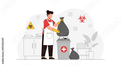 Woman disposing of medical waste in a biohazard bin, healthcare safety concept