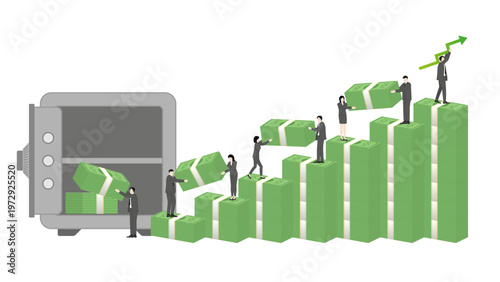 Strategic All In Investment Concept with Business Team Transporting Huge Stacks of Banknotes from Safe Storage for Reinvestment and Profit Recovery During Bear Market Season
