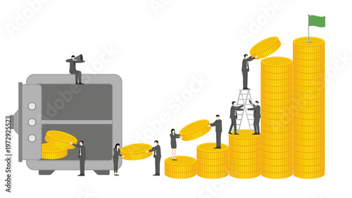 Strategic Vision Concept with Business Leader Pointing to Success Goal While Team Transports Gold Coins for All In Investment During Market Crisis Recovery