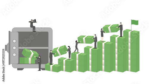 Leadership and Decision Making Concept with Boss Ordering Team to Move Cash Banknotes for All In Investment Opportunity to Achieve Profit During Financial Crisis