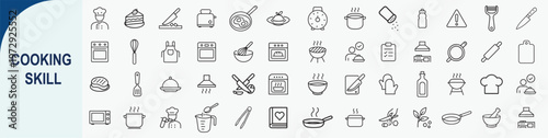Cooking skill and kitchen utensils line icons set for culinary training