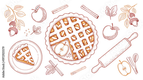 Delicious Homemade Apple Pie with Cinnamon and Rolling Pin Illustration.
