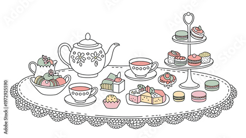 Elegant Afternoon Tea Party Spread with Assorted Pastries and Teaware.