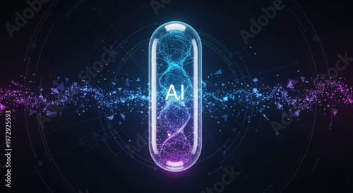A glowing, elongated capsule containing a swirling, vibrant DNA-like pattern is centered within a dark, futuristic background.