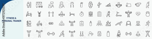Fitness and personal trainer line icons set for gym workout