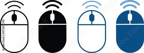 Wireless Mouse Symbols. Technology icons. Bluetooth mouse and laser icon. Office equipment signs. Tech accessory and desktop design.