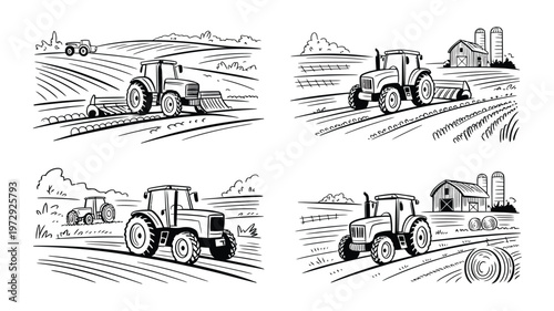 Set of Four Vintage Tractor Illustrations in Agricultural Fields.