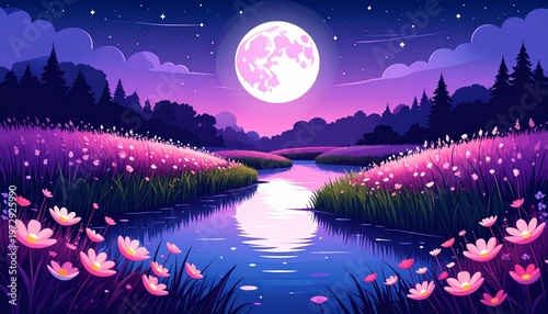 whimsical night river landscape with full moon and blooming water lilies