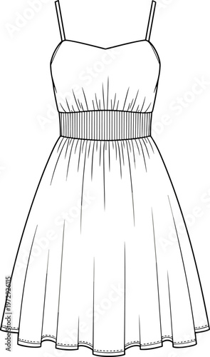 Technical fashion flat sketch of a women's summer sundress featuring a sweetheart neckline spaghetti straps and a wide smocked elastic waistband with gathered flare skirt