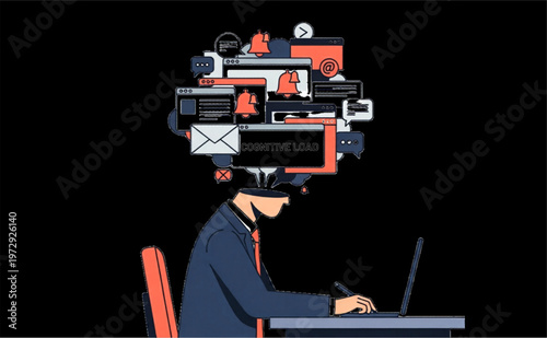 Cognitive load concept vector, businessman overwhelmed by digital notifications and browser windows, mental burnout and information overload illustration