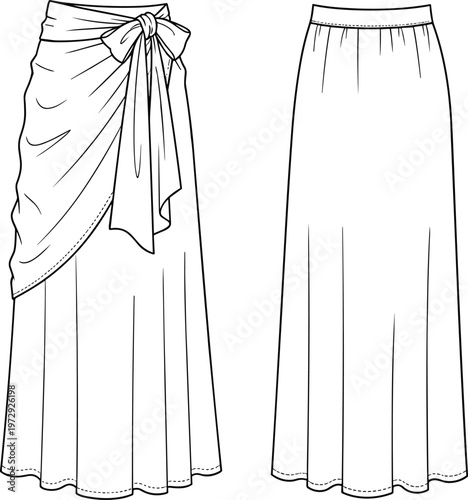 Long maxi skirt technical flat sketch vector illustration with front wrap bow tie detail and back view for fashion design apparel mockup template