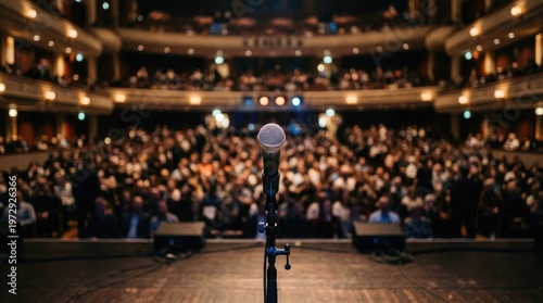 A microphone stands prominently on a stage in a grand auditorium filled with a large audience. The stage is bathed in warm light, highlighting the microphone and the front of the stage.