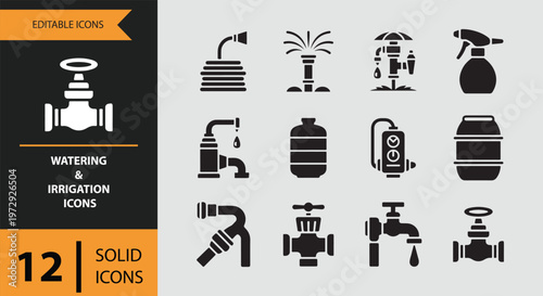 Collection of black watering and irrigation icons on gray background