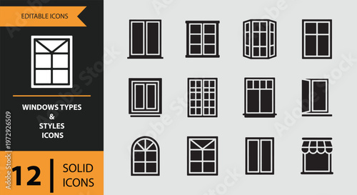Black and white vector icons of various window types and styles