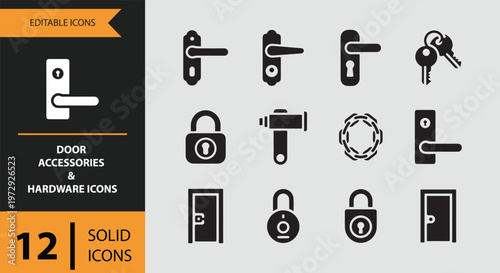 Door accessories and hardware icons in solid style on gray background