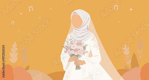Illustration of a Muslim woman in wedding dress and hijab holding flowers.