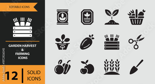 Collection of garden harvest and farming icons in solid black
