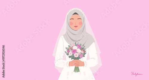 Illustration of a Muslim bride in white hijab holding flowers.