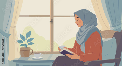 Woman reading a book by the window.