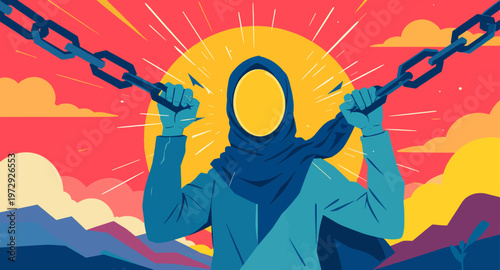 Person breaking free from chains at sunset.