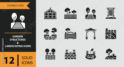 Collection of garden structures and landscaping icons in solid black