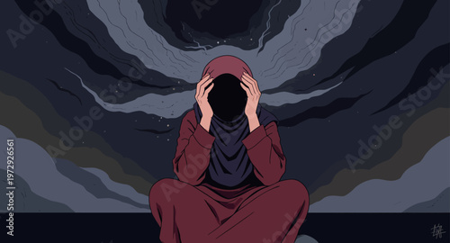 A stressed woman sitting alone in darkness.