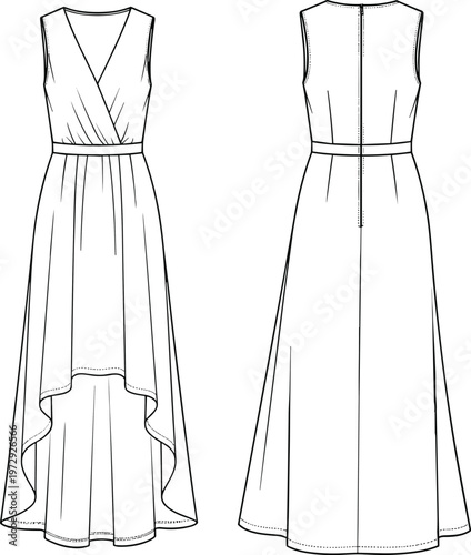 High low sleeveless maxi dress technical flat sketch vector illustration with wrap front and zipper back view for fashion design apparel mockup template