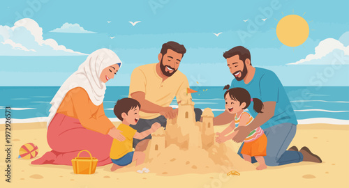 Family building sandcastle on beach together.