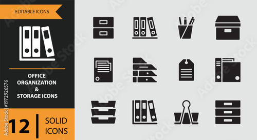 Office organization and storage icons in solid black on gray background