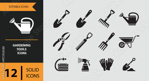 Gardening tools icons set with shovel, watering can, and wheelbarrow