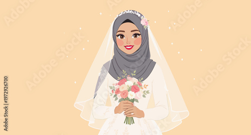 Muslim woman wearing hijab and wedding dress.