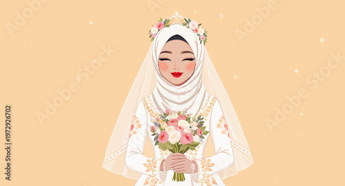 Illustration of a Muslim bride in traditional wedding attire.