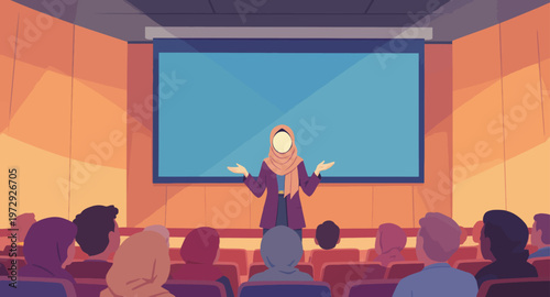 woman presenting to a group in a conference room with a projector screen.