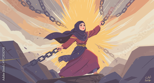 Woman breaking free from chains illustration.