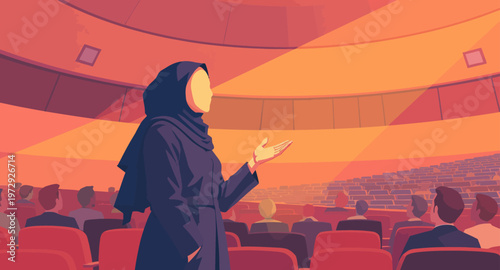 Woman presenting to an audience in a large auditorium or conference hall setting.