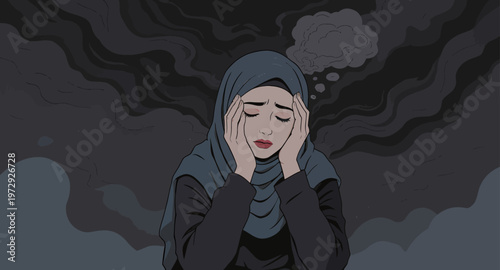 Woman wearing hijab with hands on face.