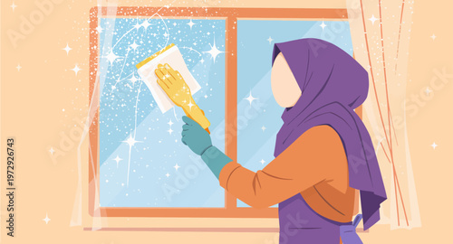 Woman cleaning a snowy window with squeegee.