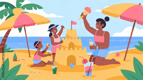 Beach vacation, sandcastle building, family fun, summer activities, tropical getaway