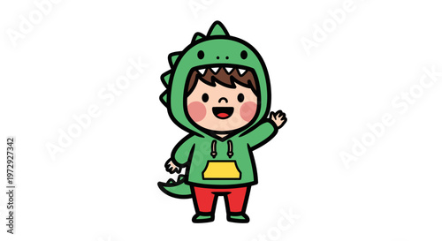 A cute little boy wearing a green dinosaur costume happily waves.
