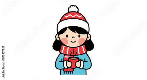 A cute girl wearing a hat and scarf holds a mug on a cold day.