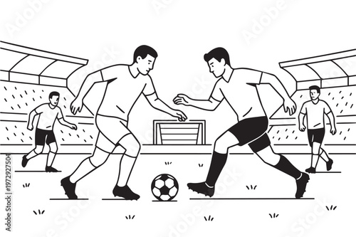 A simple vector background with a football theme, showing two teams competing in a stadium, designed with clean shapes to capture excitement, energy, and a sporty atmosphere.