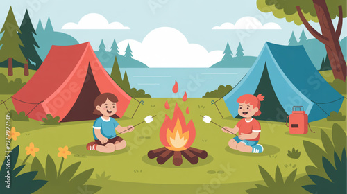 Camping, outdoor adventure, kids, vector illustration, summer fun, campsite, tent, campfire