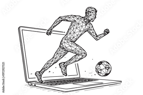 A modern vector artwork showing a football player dribbling, built from polygonal lines with precise black outlines in a monochrome palette, expressing energy and geometric form.