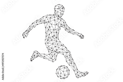 A vector design of a man dribbling a football, composed of polygonal lines in a black and white scheme, featuring precise outlines to create a dynamic and modern sports concept.