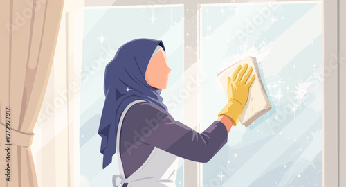 Woman cleaning a frosty window with cloth.