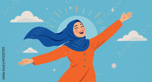 A joyful woman in hijab embracing freedom and happiness outdoors.