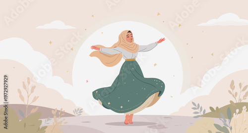 Woman dancing under a full moon.