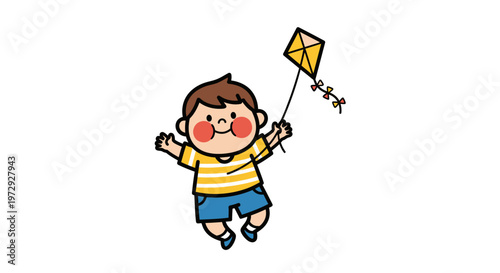 A cute boy flying a yellow kite outdoors with a smiling face happily
