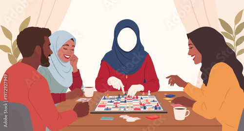 Diverse group of friends playing board game.