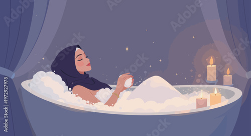 Woman relaxing in a bubble bath.